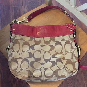 Large Coach shoulder bag with red leather trim